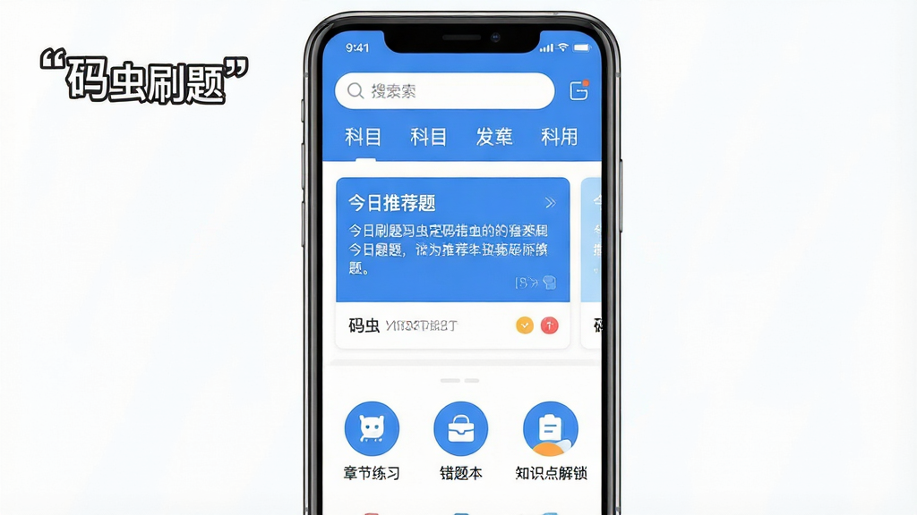 一张展示码虫刷题手机应用主界面的图片,画面中央是一部竖屏智能手机,屏幕内显示码虫刷题APP的首页界面,上方有搜索框和科目分类标签,中间是今日推荐题目卡片,下方排列着章节练习、错题本、知识点解锁等功能图标,整体布局简洁清晰,风格为扁平化UI设计,色调以蓝白为主,画质干净清晰,无多余元素,图片中文字均加引号标注为“码虫刷题”