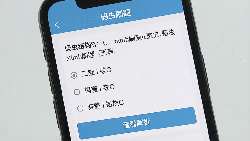 一张码虫刷题题目练习界面的图片,画面展示手机屏幕内一道数据结构选择题,题干下方有四个选项,选项下方有“查看解析”按钮,屏幕顶部显示“码虫刷题”字样,背景为浅灰色,题目文字清晰,风格为教育类APP常见界面,画质干净,无多余装饰元素