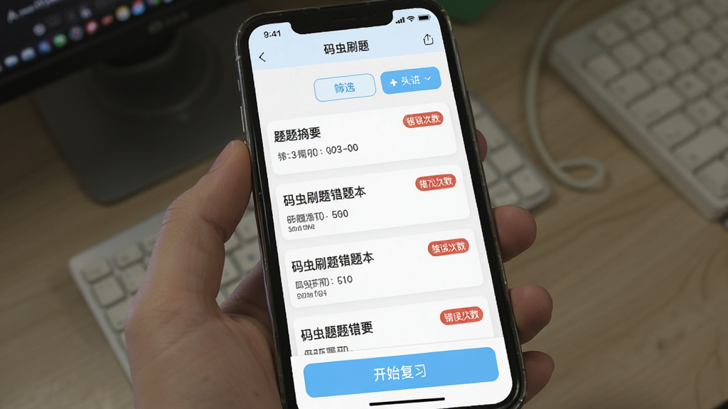 一张码虫刷题错题本界面的图片,手机屏幕内显示错题列表,每条记录包含题目摘要和错误次数标签,列表上方有筛选按钮,屏幕底部有“开始复习”按钮,界面风格清爽,色调以白色和浅蓝色为主,文字内容均围绕“码虫刷题”功能展开,画质清晰,无杂乱元素