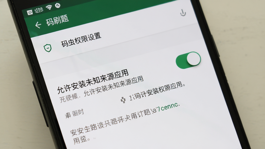一张展示码虫刷题在安卓手机上的安装权限设置界面的图片,手机屏幕显示“允许安装未知来源应用”的开关按钮,旁边有安全提示文字,界面为安卓系统原生设置风格,画面简洁,重点突出权限开关,画质清晰,无多余元素