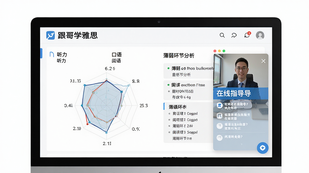 电脑屏幕上显示雅思模考成绩报告界面,顶部有
