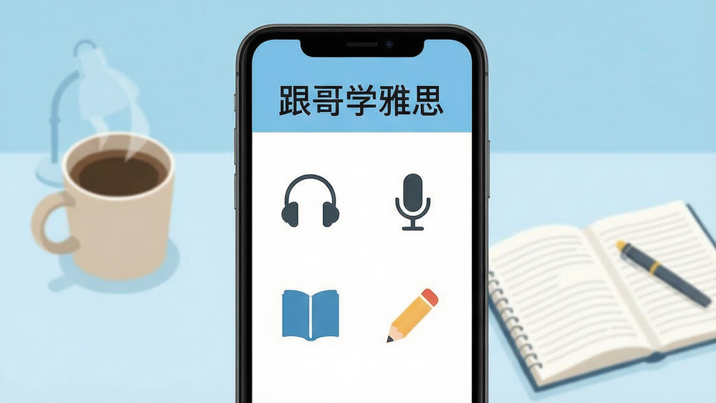 手机屏幕中显示雅思学习应用界面,顶部有