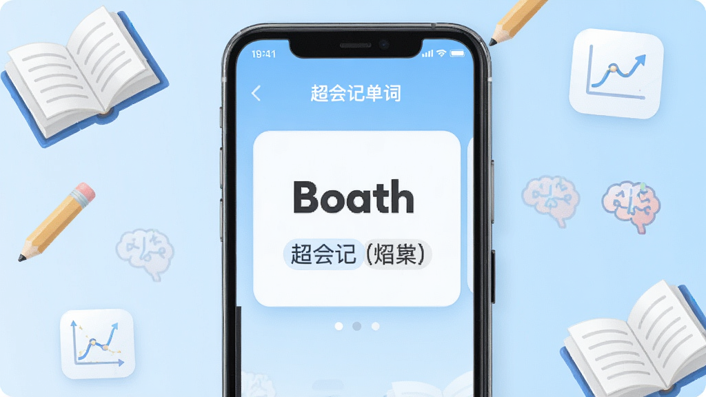 手机屏幕中央展示超会记单词APP的单词卡片学习界面,卡片上清晰显示英文单词与中文释义,背景为淡蓝色渐变,四周散布着翻开的书本、铅笔、记忆曲线图标等学习元素,整体布局简洁明快,风格清新现代,细节精致,画质高清,干净无多余元素