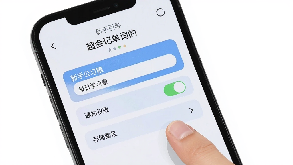 一部手机屏幕显示超会记单词的“新手引导”页面,包含每日学习量设置、通知权限开关、存储路径选择等选项,旁边有手指点击的示意,布局清晰,风格扁平化,细节干净,画质高清,背景为白色,无多余元素
