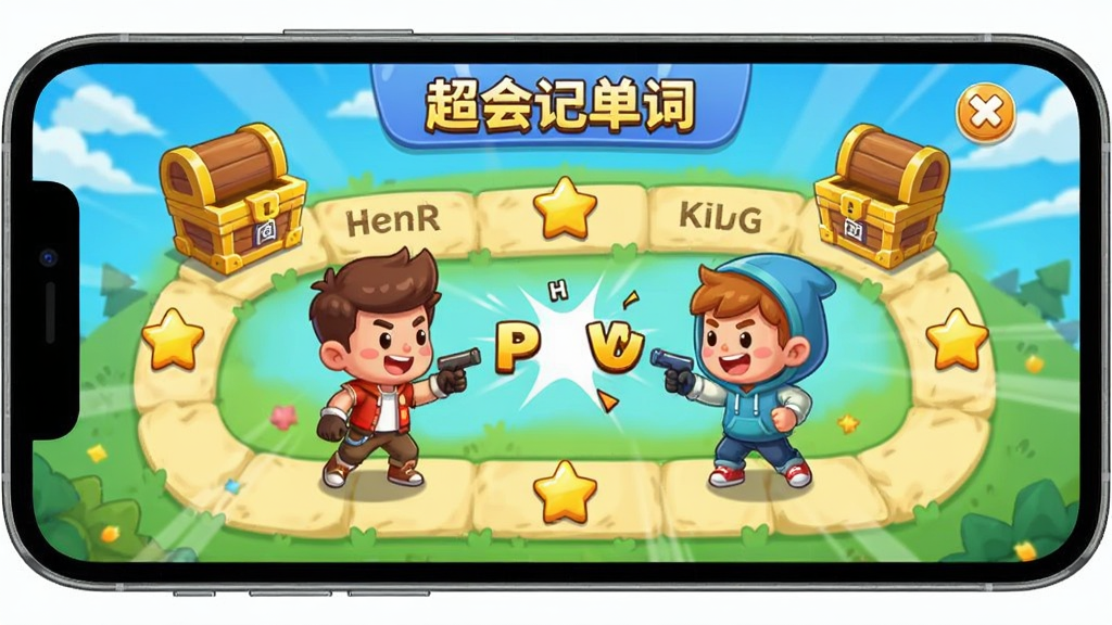 手机屏幕上显示超会记单词的闯关地图界面,沿途有单词宝箱与星星奖励,两个卡通人物正在进行单词PK对战,布局动感活泼,风格卡通休闲,细节生动,画质明亮,干净无多余元素