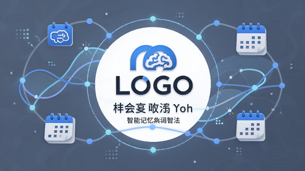 画面中央是超会记单词的LOGO与名称,周围环绕着由数据节点连接而成的曲线图与日历图标,象征智能记忆算法与时间规划,布局采用居中环绕式,风格科技简约,细节清晰,画质干净,无多余元素