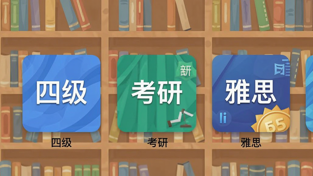 超会记单词APP界面中展示多个词库封面并排排列,如“四级”“考研”“雅思”等,背景为书架样式,布局整齐,风格扁平化,细节丰富,画质清晰,干净无多余元素