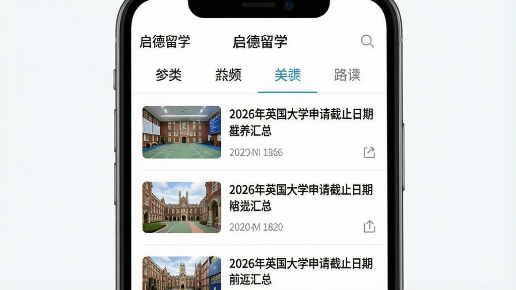 һ��չʾ������ѧApp��ѶƵ���Ľ���ͼ������Ϊ�ֻ���Ļ������ͼ����Ļ����ʾ��Ѷ�б�ҳ�棬ÿ����Ѷ��������ͼ������ͷ���ʱ�䣬���������2026��Ӣ����ѧ�����ֹ���ڻ��ܡ��ȣ�ҳ�涥���з����ǩ��������Ϊ��ɫ���Ű��������������ǳɫ��ϸ�ڷḻ�����ʸɾ��޶���Ԫ�أ�ͼƬ�����ֱ�ע��������ѧ��