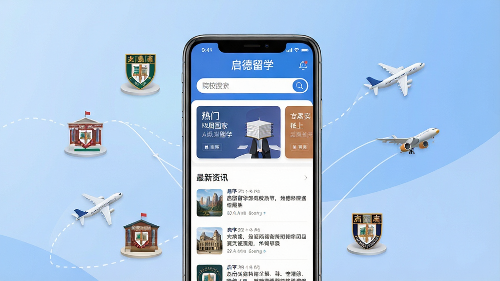 һ��չʾ������ѧApp���Ĺ��ܵ�����ͼ������������һ�������ֻ����ֻ���Ļ��������ʾ������ѧApp�������棬�����а���ԺУ�����������Ź�����ѧ��Ƭ��������Ѷ�б����ֻ���Χ����������֪����ѧ��΢��ͼ��ͷɻ�����Ԫ�أ�����������͵���ɫ���䣬���������ִ����Ű���ж��룬ϸ�ڷḻ�����������ɾ����޶���Ԫ�أ�ͼƬ�����ֱ�ע��������ѧ��