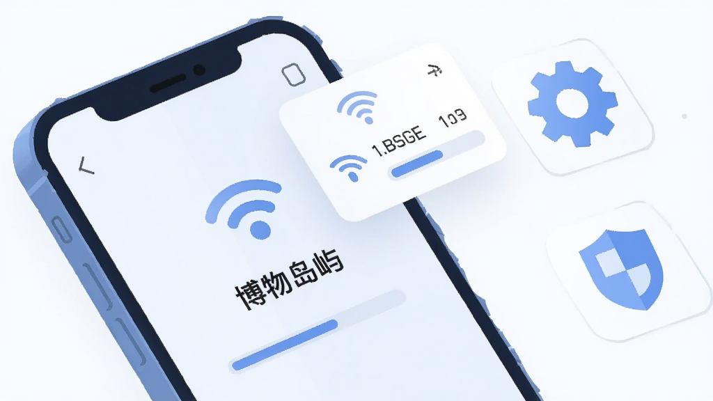 画面主体是一个手机屏幕显示“博物岛屿”加载界面,旁边有Wi-Fi信号图标和存储空间提示浮窗,布局采用斜角构图,手机位于左侧,右侧有设置齿轮和盾牌图标,风格为扁平化科技插画,细节包括进度条、信号波纹、柔和的蓝色调,画质高清,干净,无多余元素