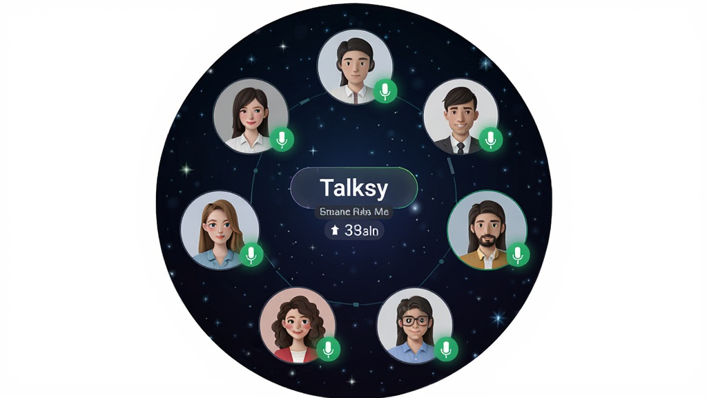 һ��չʾ Talksy �������������ܵ���ͼ������������Բ�����еĶ���û�ͷ��ÿ��ͷ��������ɫ��˷粨��ͼ�꣬����Ϊ��ɫ�ǿս��䣬���ֶԳƣ����Ƽ���ʮ�㣬ϸ�ڰ����������Ʊ�ǩ�ͳ�Ա�����������������ɾ����޶���Ԫ��