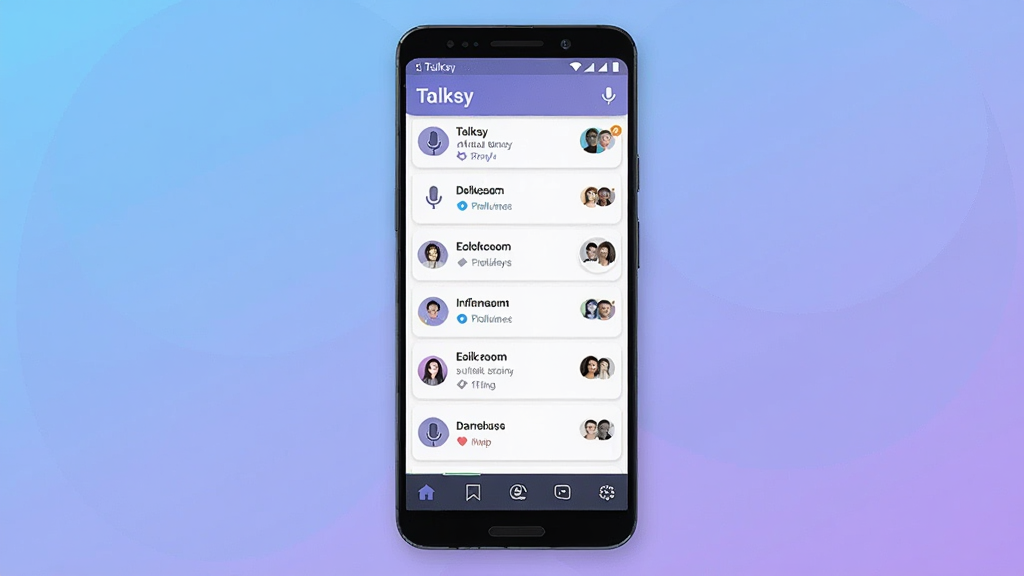 һ��չʾ Talksy Ӧ�ý�����ֻ�Ԥ��ͼ������������һ��������׿�ֻ�����Ļ����ʾ Talksy ���������б��͵ײ�������������Ϊ������Ͻ��䣬���ּ�࣬����ִ���ƽ����ϸ�ڰ�����˷�ͼ��������û�ͷ�񣬻����������ɾ����޶���Ԫ��