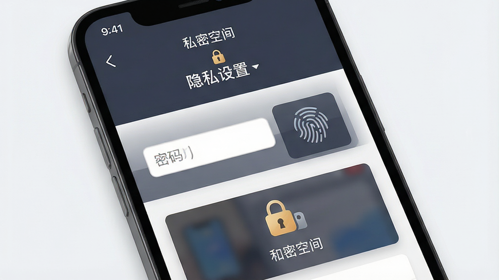 一张展示手机安全防护概念的图片,画面主体为果仁相册的隐私设置界面,布局包含密码输入框、指纹图标和加密相册入口,排版简洁,风格稳重安全,细节显示锁形图标与“私密空间”文字,画质高清,干净,无多余元素