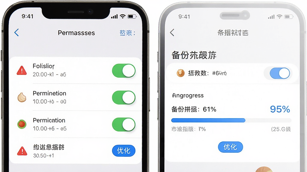 一幅AI生图,画面主体为手机屏幕显示果仁相册的权限设置页面与备份进度条,布局包含权限开关列表和进度百分比,排版清晰,风格指导性,细节包含红色警示图标与蓝色优化标签,画质高清,干净,无多余元素