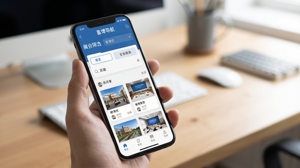 畜博导航在手机上的操作演示场景图,一只手拿着手机,屏幕显示应用内展会筛选页面,背景为模糊的办公桌面,光线柔和,风格真实自然,画质高清,干净无多余元素