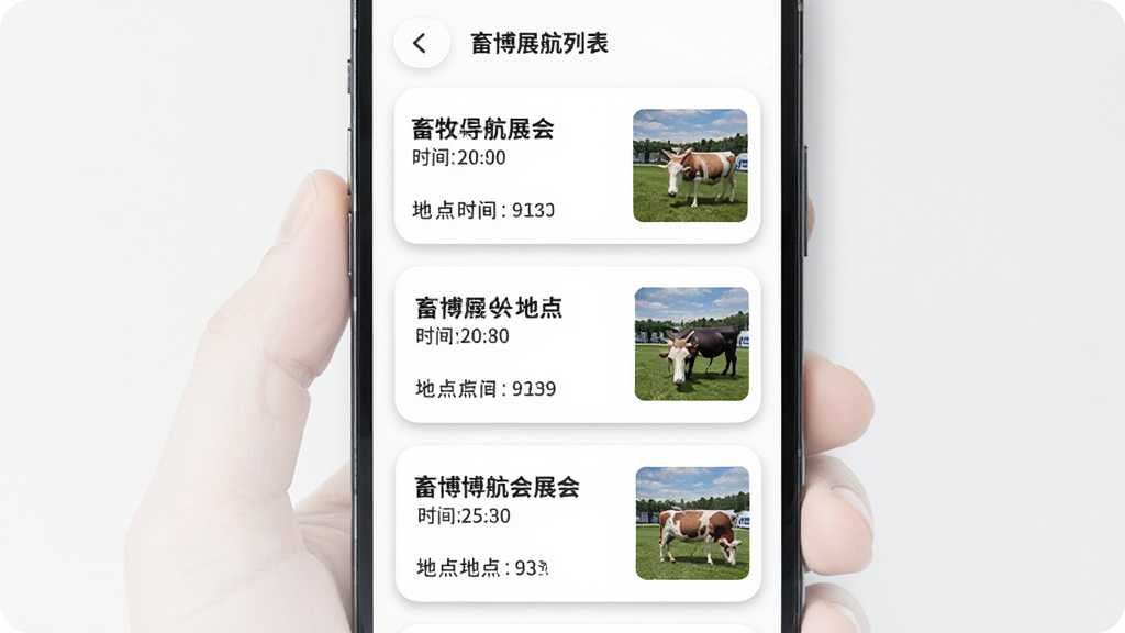 手机屏幕中展示畜博导航展会列表页面,页面以卡片形式排列多场畜牧博览会信息,每张卡片包含展会名称、时间、地点和缩略图,背景为白色,卡片带有柔和阴影,画面清晰,风格现代简约,画质高清,干净无多余元素