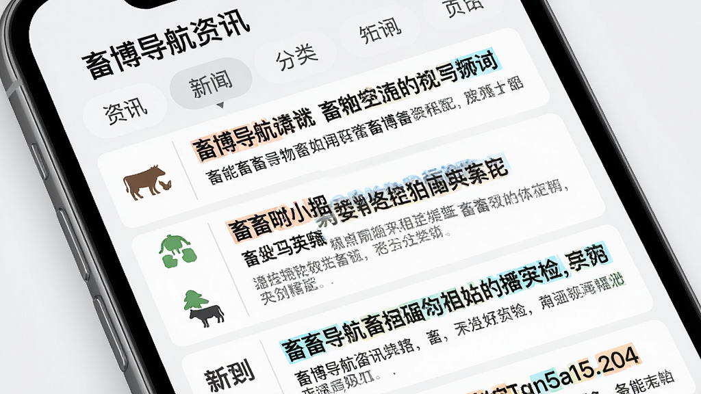 畜博导航资讯页面展示,手机屏幕内呈现多条畜牧行业新闻标题和摘要,左侧有小图标区分资讯类别,顶部有分类标签栏,整体排版清晰,背景干净浅灰,画质高清,风格清爽,无多余元素