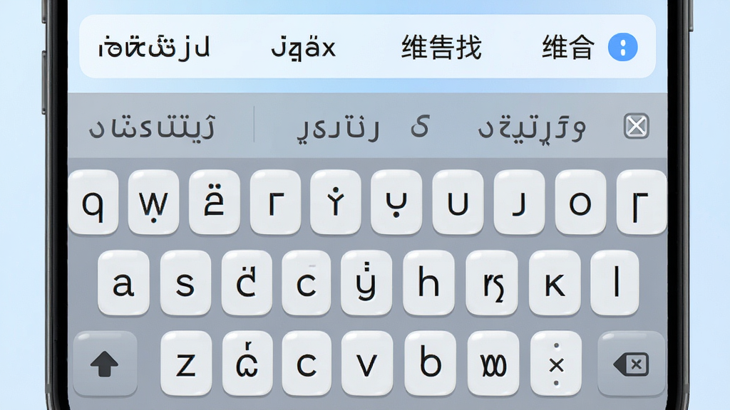 一张手机屏幕展示izdax输入法界面的预览图,画面中央是带有维吾尔语字母的虚拟键盘,键盘上方是维汉双语候选词栏,背景为柔和的浅蓝色渐变,整体布局简洁清晰,风格为现代扁平化设计,细节上键盘按键圆润有光泽,画质高清,干净无多余元素