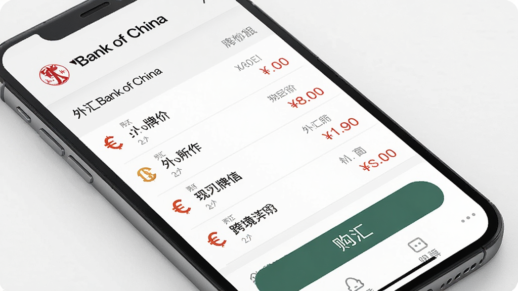 一张中国银行手机银行跨境金融功能页面的图片,主体为手机屏幕展示外汇牌价列表和购汇按钮,布局清晰,风格为简洁专业的金融界面,细节上带有货币符号图标,画面中带有文字“Bank of China”,画质锐利干净,无多余元素。