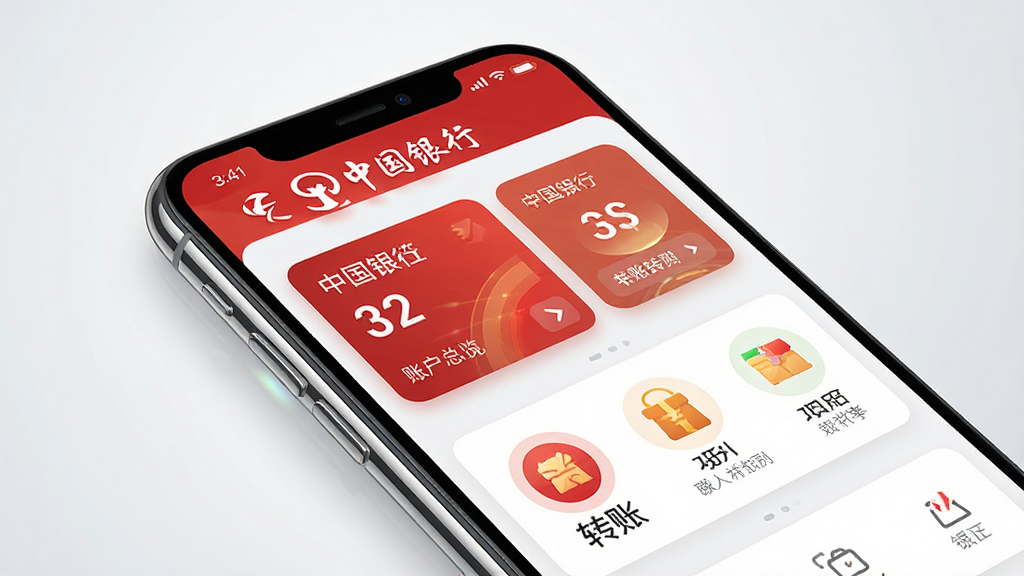 一张展示中国银行手机银行应用界面的图片,主体是一部智能手机,屏幕上显示着中国银行标志性的红色与白色主题界面,布局包含账户总览卡片和转账、理财等快捷功能图标,背景为简洁的浅灰色渐变,风格为现代金融科技感,细节上手机边缘有轻微反光,画质清晰干净,无多余元素。