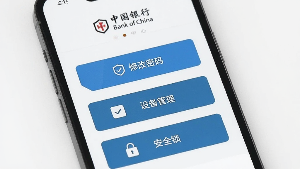 一张展示中国银行手机银行安全中心页面的图片,主体为手机屏幕,布局包含修改密码、设备管理、安全锁等选项按钮,风格为极简安全风格,细节上带有盾牌图标,画面中带有文字“Bank of China”,画质清晰干净,无多余元素。