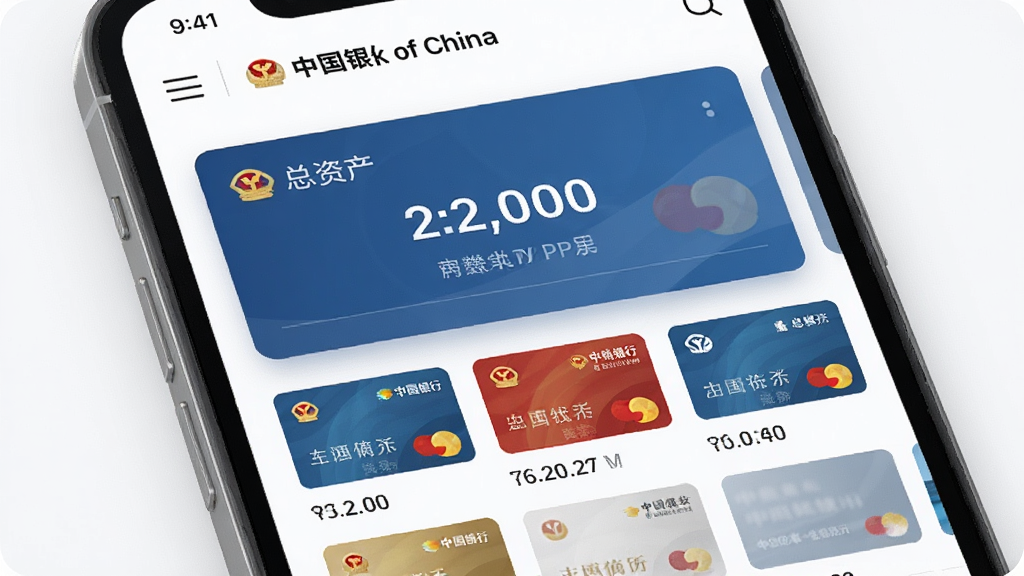 一张中国银行手机银行账户总览页面的特写图片,主体为手机屏幕,布局中央显示一张总资产卡片,下方排列着多张银行卡缩略图,风格为扁平化商务风,细节上带有微弱的阴影层次,画面中带有文字“Bank of China”,画质高清干净,无多余装饰。