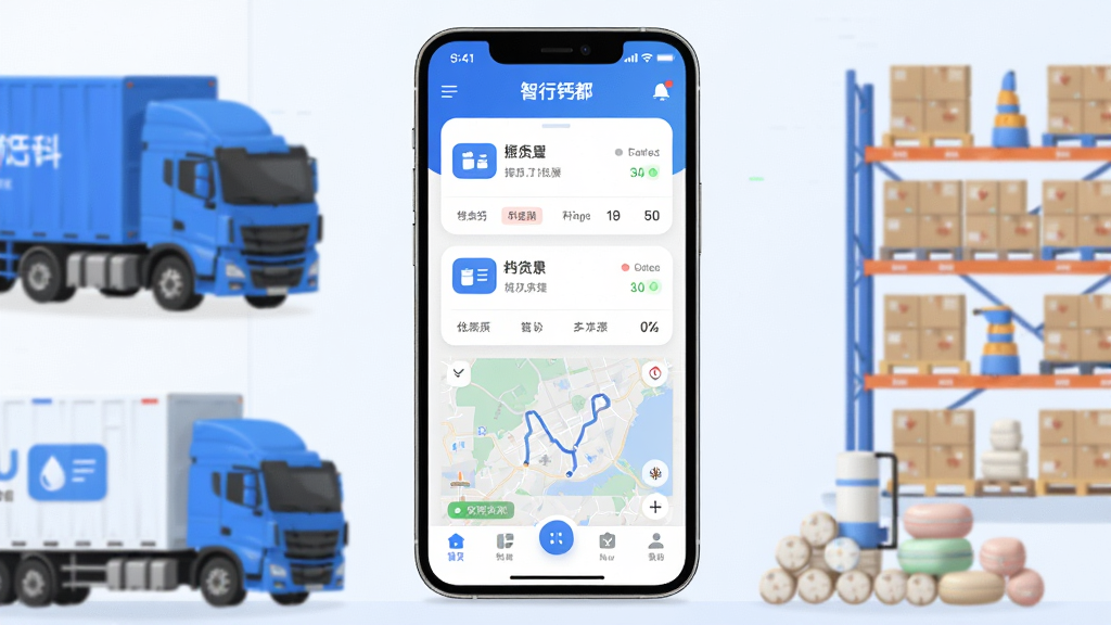 智行钙都手机应用界面展示,主体为一部竖屏智能手机,屏幕上显示智行钙都APP的首页布局,包含货源列表卡片、地图轨迹缩略图与底部导航栏,布局为居中构图,手机两侧点缀钙制品运输货车与仓储货架元素,风格为现代扁平化科技风,细节包含蓝色主色调、圆角图标、数据面板与实时状态标签,画质高清,画面干净,无多余元素