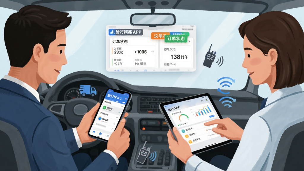 智行钙都多角色协同办公场景图,主体为货主、司机与调度员三人围绕手机与平板设备进行业务沟通,布局为三角构图,风格为写实商务插画风,细节包含智行钙都APP界面悬浮展示、订单状态标签、对讲图标与数据同步符号,画质高清,画面干净,无多余元素