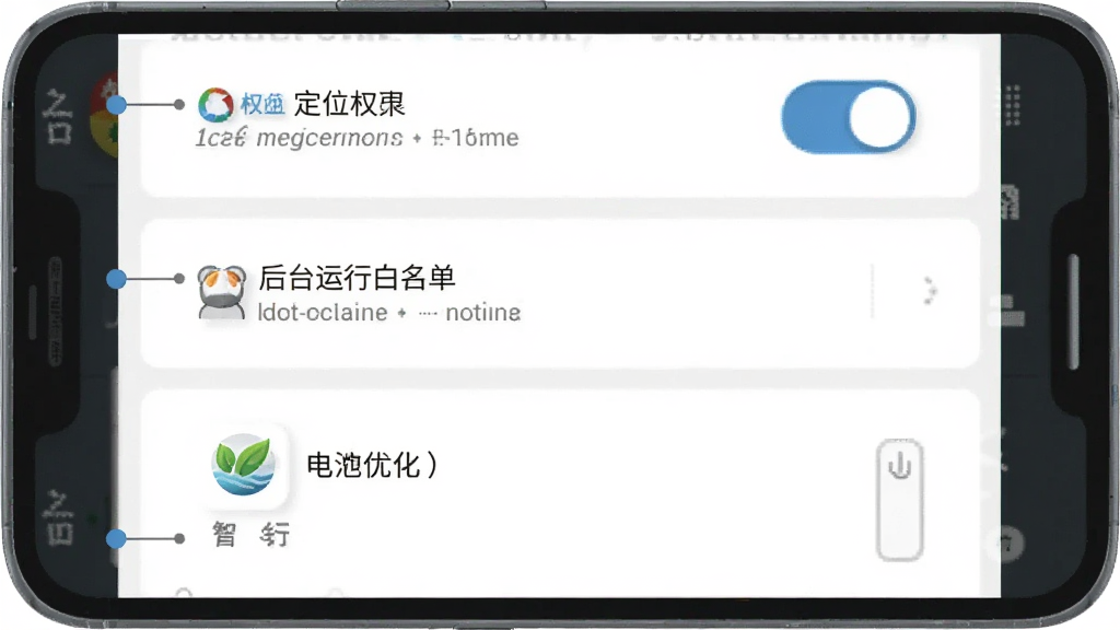 智行钙都安卓手机权限设置示意图,主体为一部安卓手机显示应用权限管理页面,布局为居中特写,风格为扁平化教学图示风,细节包含定位权限开关、后台运行白名单、电池优化选项与智行钙都图标,画质高清,画面干净,无多余元素