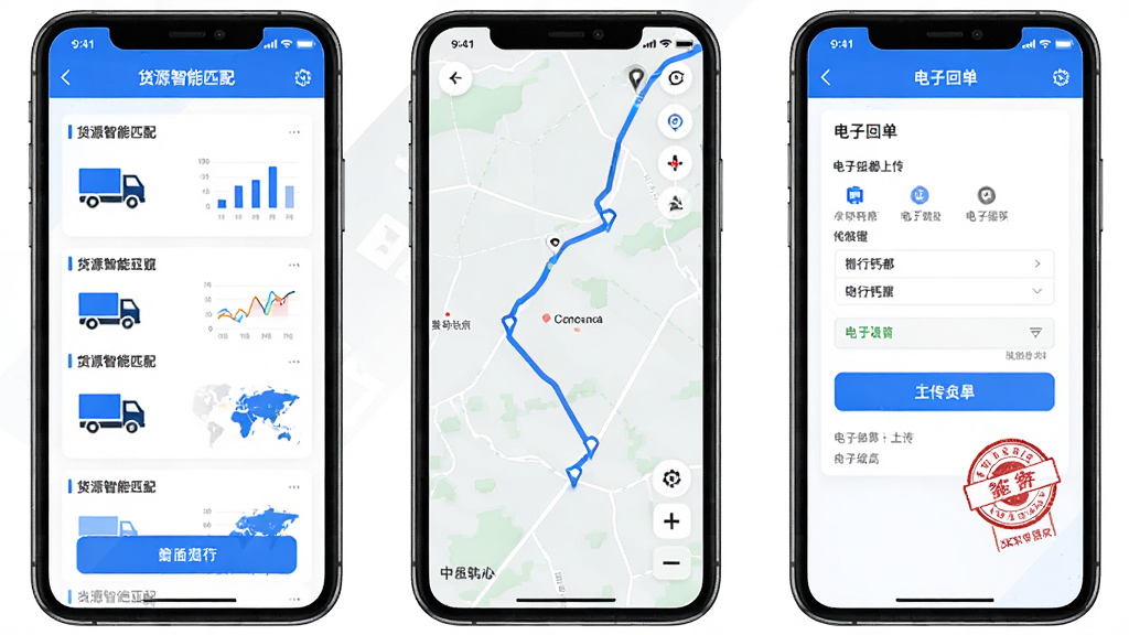 智行钙都APP功能界面组合图,主体为三块手机屏幕并排展示,左侧屏幕显示货源智能匹配列表,中间屏幕显示地图轨迹跟踪界面,右侧屏幕显示电子回单上传页面,布局为横向排列,风格为清爽商务风,细节包含蓝色高亮按钮、数据图表、货车图标与签收印章元素,画质高清,画面干净,无多余元素