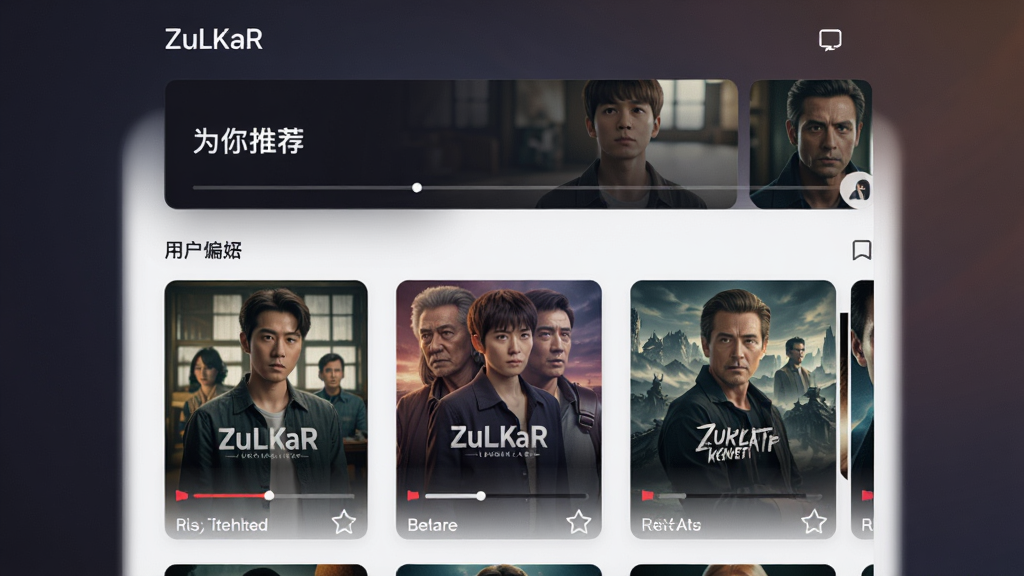 ZuLKaR 应用内个性化推荐模块,首页顶部展示“为你推荐”横幅区域,下方为根据用户偏好生成的剧集卡片列表,卡片带有播放进度条与收藏图标,背景为柔和深色渐变,布局层次分明,风格简洁统一,画质高清细腻,无杂乱元素