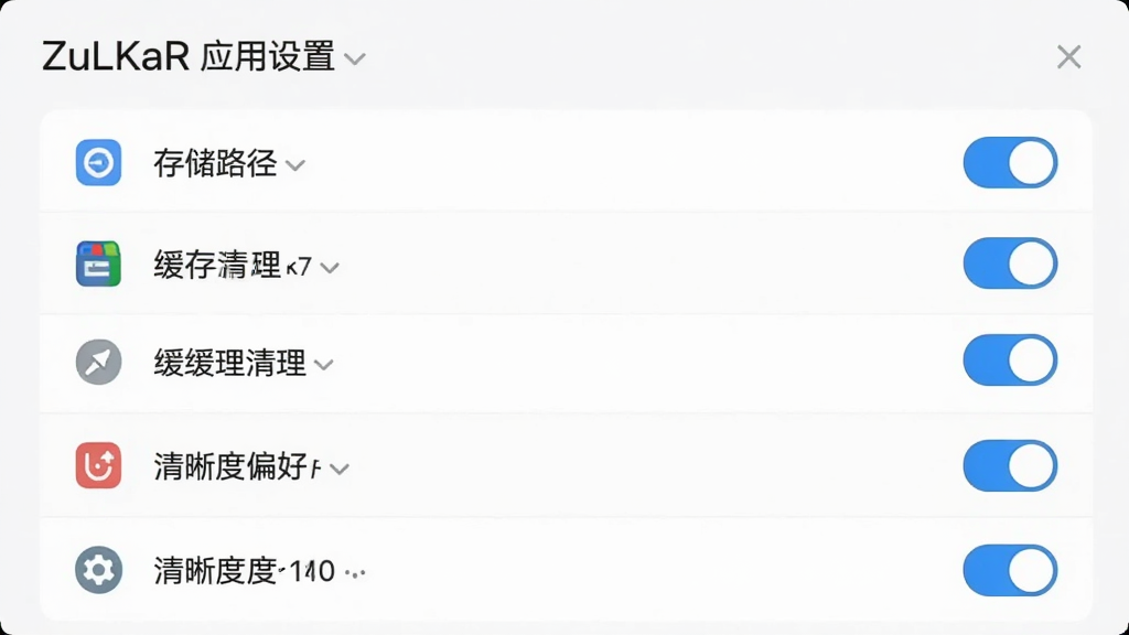 ZuLKaR 应用设置页面截图风格,展示存储路径选择、缓存清理、清晰度偏好等选项列表,界面为浅色主题,选项行带有图标与开关控件,布局整洁,风格清新,画质高清,画面中无多余装饰