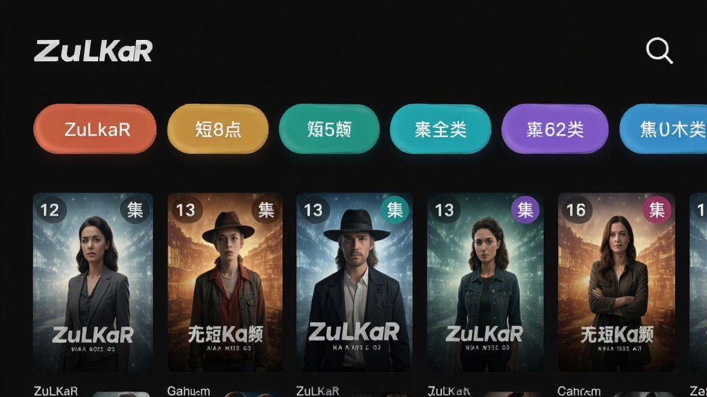 ZuLKaR 应用内短剧分类页面,多个彩色分类标签横向排列,下方为纵向滚动的剧集封面海报墙,每张海报带有集数角标,整体采用暗色背景搭配高亮强调色,布局整齐有序,风格清爽现代,画质清晰锐利,画面中没有多余文字干扰