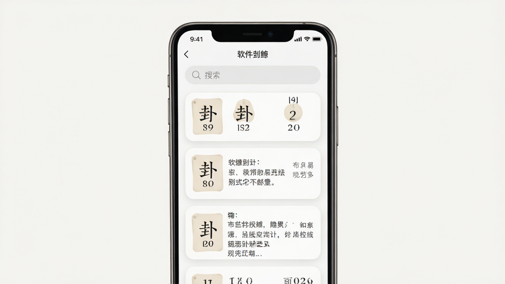 软件“艺鲸”文献查阅界面展示图,主体为手机屏幕内呈现整齐排列的易经卦象目录与文字段落,布局为上下结构,上方为搜索栏下方为内容列表,排版简洁留白充足,风格为清新素雅浅色系,细节包含柔和圆角卡片与淡灰色分割线,画质清晰干净,无多余元素