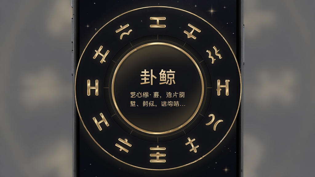 软件“艺鲸”卦象排盘功能界面图,画面展示手机屏幕中六爻符号以圆形排列呈现,中心区域显示卦名与简要解读文字,布局为环形对称结构,排版错落有致,风格为深色模式搭配金色高亮线条,细节包含细腻的渐变光影与微弱的星点背景,画质高清干净,无多余元素