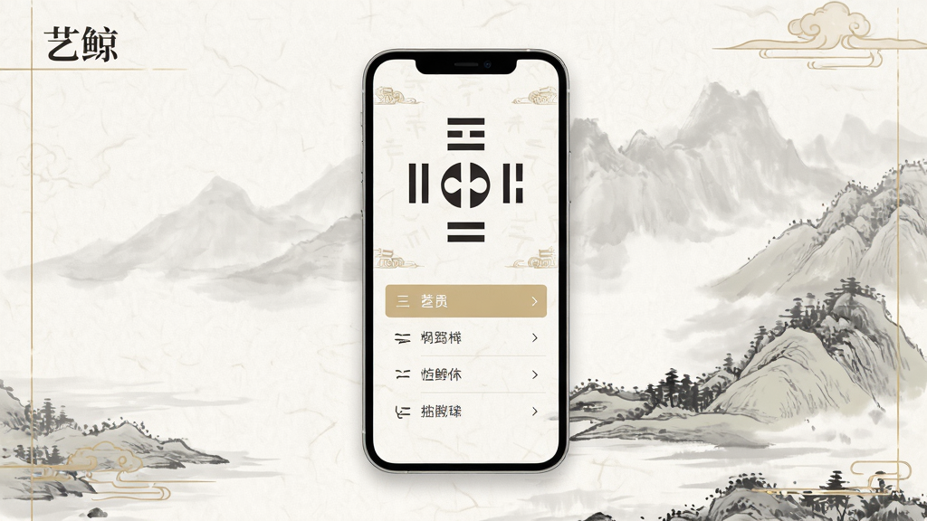软件“艺鲸”主界面预览图,画面中央展示手机屏幕内呈现古典卦象符号与简洁菜单列表,背景为淡雅水墨山水风格,整体布局居中对称,排版清晰有序,风格为现代扁平化与传统中国风融合,细节包含柔和的宣纸纹理与淡金色线条装饰,画质高清干净,无多余元素