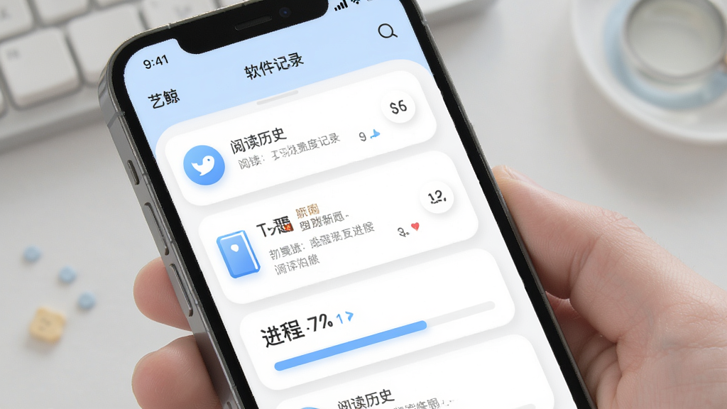 软件“艺鲸”学习进度记录界面图,主体为手机屏幕内显示阅读历史列表与进度条,布局为纵向排列,排版清晰层次分明,风格为柔和圆角卡片式设计搭配浅蓝色点缀,细节包含微妙的阴影效果与简洁图标,画质高清干净,无多余元素