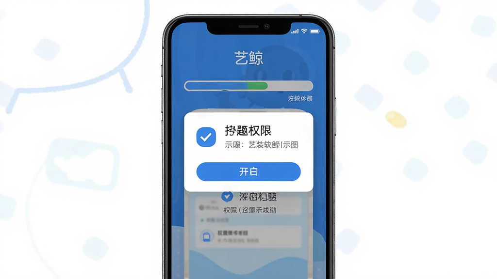 软件“艺鲸”安装步骤示意图,画面展示手机屏幕中安装进度条与权限开启提示弹窗,布局为居中弹出式界面,排版简洁明了,风格为扁平化设计搭配蓝色主色调,细节包含清晰的图标与文字说明,画质高清干净,无多余元素