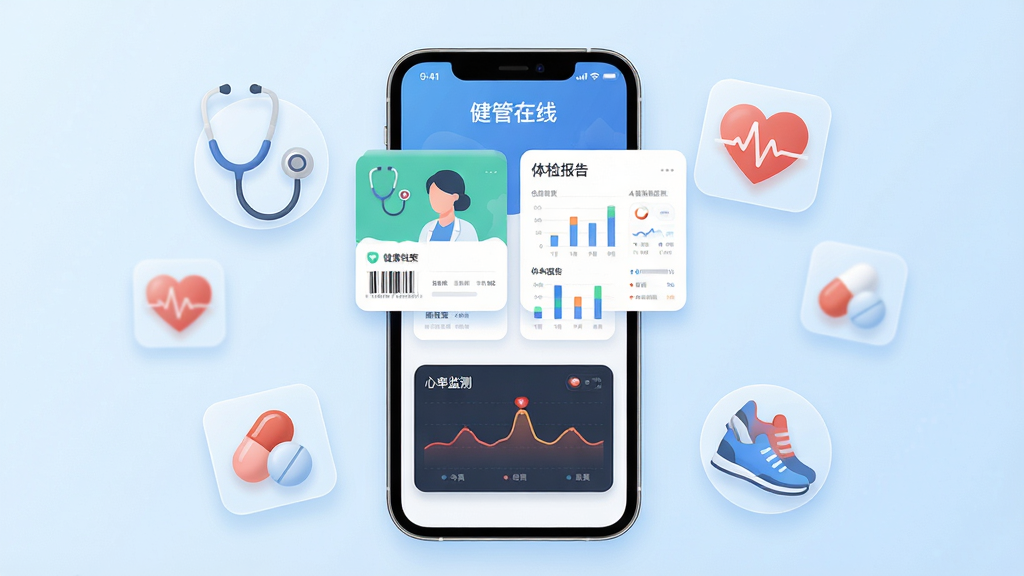 画面中央展示一部智能手机,屏幕上显示“健管在线”APP主界面,界面包含健康档案卡片、体检报告图表和心率监测曲线。手机周围环绕半透明的医疗图标如听诊器、心电图、药丸和跑步鞋。背景为干净的浅蓝色渐变,布局采用居中构图,风格为现代扁平化UI插画,细节包括柔和的阴影和圆角卡片,画质高清,干净,无多余元素