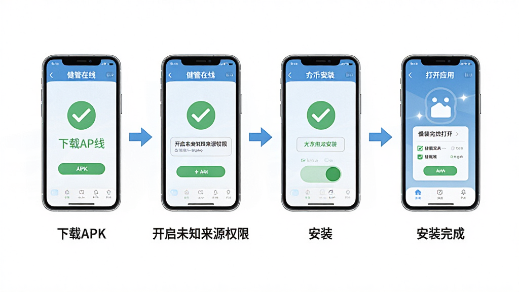 画面展示“健管在线”APP在手机上的安装流程示意图,从左到右依次为下载APK、开启未知来源权限、点击安装、安装完成打开应用。背景为干净的白色,布局为横向四步流程图。风格为简洁的步骤说明插画,细节包括手机图标、箭头、对勾和权限开关。画质高清,干净,无多余元素