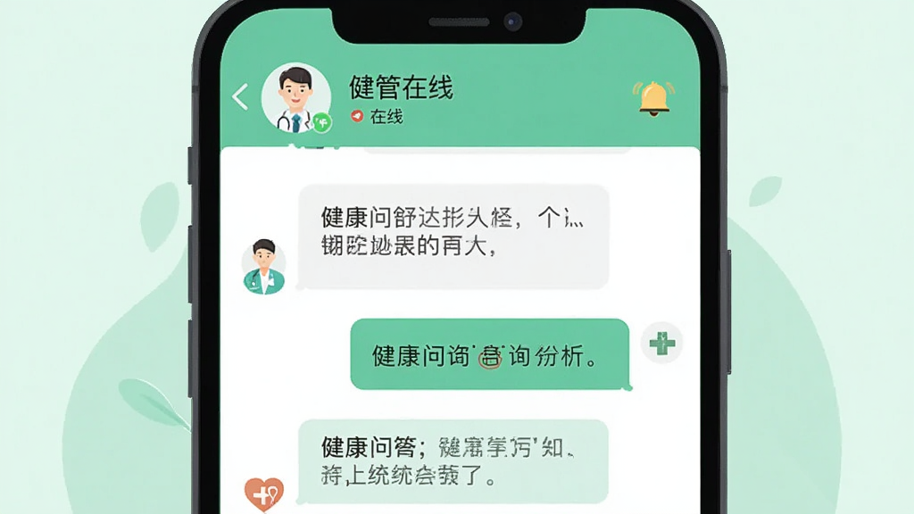 画面展示手机屏幕中“健管在线”APP的在线咨询聊天界面,对话气泡中包含健康问答内容,屏幕上方有医生头像和在线状态标识。背景为柔和的浅绿色,布局以手机为中心。风格为现代扁平化插画,细节包括聊天气泡、健康十字图标和提醒铃铛。画质高清,干净,无多余元素