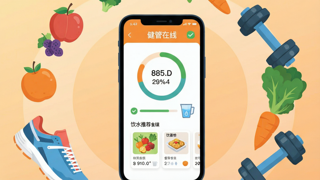 画面中央展示“健管在线”APP的运动饮食建议页面,屏幕上显示每日步数圆环、饮水量杯子和推荐食谱卡片。周围环绕水果、蔬菜、运动鞋和哑铃等元素。背景为清新的浅橙色渐变,布局采用环绕式构图。风格为活泼的扁平化插画,细节包括进度条、对勾图标和食物插画。画质高清,干净,无多余元素