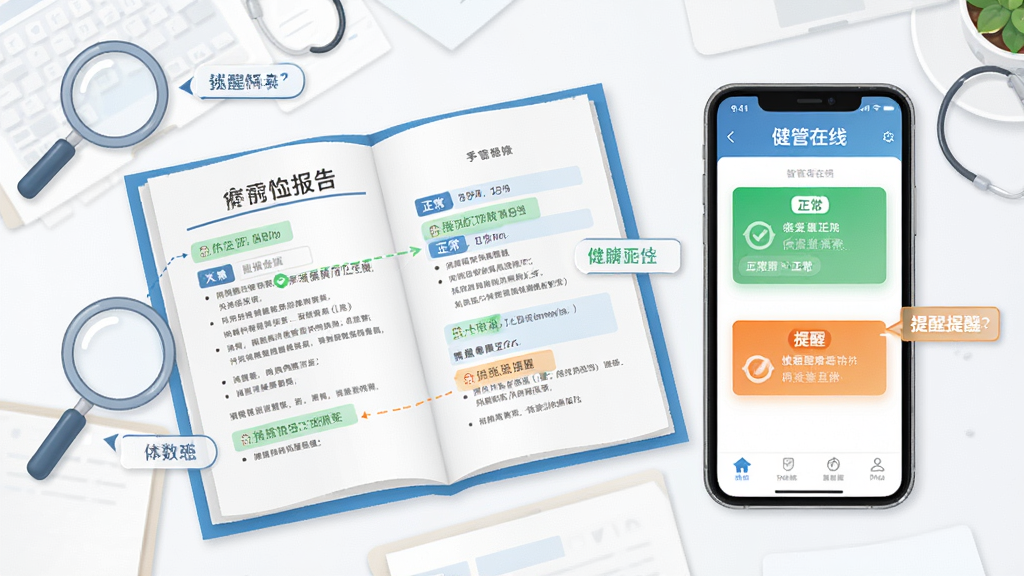 画面中央是一份展开的体检报告,旁边一部手机显示“健管在线”APP正在对报告进行智能解读,屏幕上出现绿色正常标识和橙色提醒标识。背景为干净的白色医疗桌面,布局左右对比。风格为简洁信息图插画,细节包括放大镜图标、数据高亮和文字标注框。画质高清,干净,无多余元素