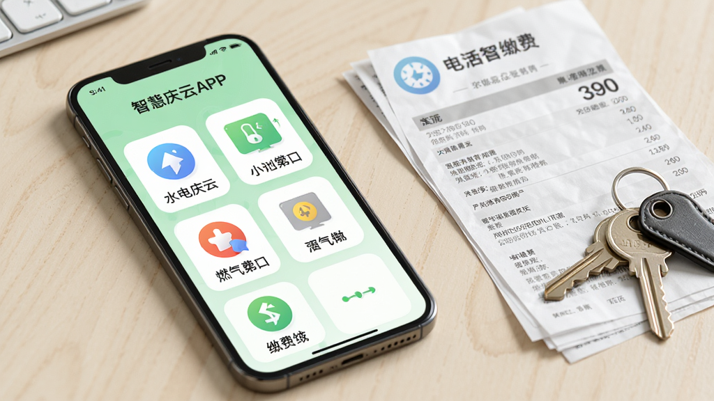 智慧庆云APP生活缴费页面,屏幕显示水电燃气缴费入口图标排列整齐,背景为浅绿色,手机旁边有电费账单和钥匙,生活化场景,画质高清干净