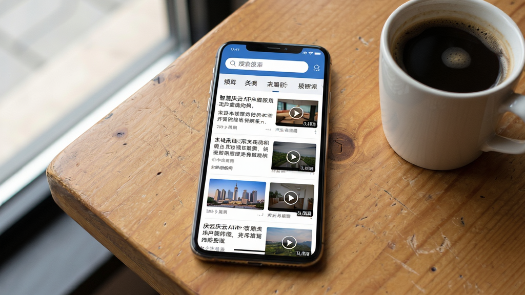 智慧庆云APP新闻页面截图,屏幕中显示庆云本地新闻列表,包含图文和视频缩略图,顶部有搜索栏和频道分类标签,整体布局清晰,手机放置于木质桌面,旁边有一杯咖啡,自然光线,画质清晰干净