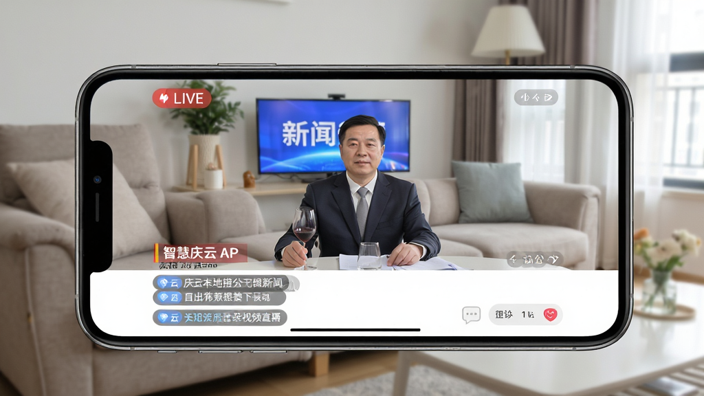 智慧庆云APP视频直播页面,手机横屏显示庆云本地新闻直播画面,屏幕下方有评论互动区域,背景为客厅沙发环境,画质清晰,干净无多余元素