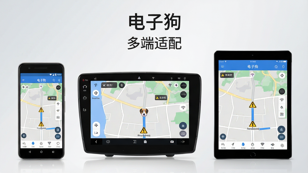 电子狗多设备兼容适配展示图,主体为三台设备并排展示,分别为安卓手机、安卓车机与平板电脑,屏幕均显示电子狗应用界面,布局为三台设备横向排列、背景为浅灰色渐变,排版为均衡对称,风格为简约产品风,细节包括各设备屏幕上的地图与预警图标、设备边框清晰,画质为高清、干净无多余元素,画面中文字标注“电子狗”与“多端适配”,整体色调以白灰蓝为主,突出设备多样性