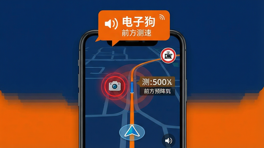 电子狗实时测速预警功能展示图,主体为手机屏幕显示地图导航界面,地图上标注前方测速摄像头图标与距离提示,布局为手机居中、上方为语音播报提示气泡,排版为纵向展示,风格为扁平化科技风,细节包括红色预警光圈、限速数字标识、道路线条,画质为高清、干净无多余元素,画面中文字标注“电子狗”与“前方测速”,整体色调以深蓝与亮橙为主,突出预警的醒目感