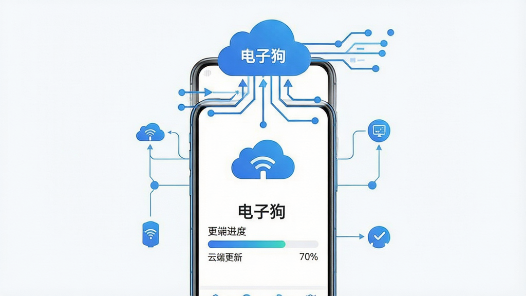 电子狗数据云端更新功能展示图,主体为手机屏幕显示数据更新进度条与云端图标,布局为手机居中、上方为云朵与数据流线条,排版为纵向展示,风格为扁平化科技风,细节包括更新进度百分比、同步图标、数据节点连线,画质为高清、干净无多余元素,画面中文字标注“电子狗”与“云端更新”,整体色调以蓝白为主,简洁明快