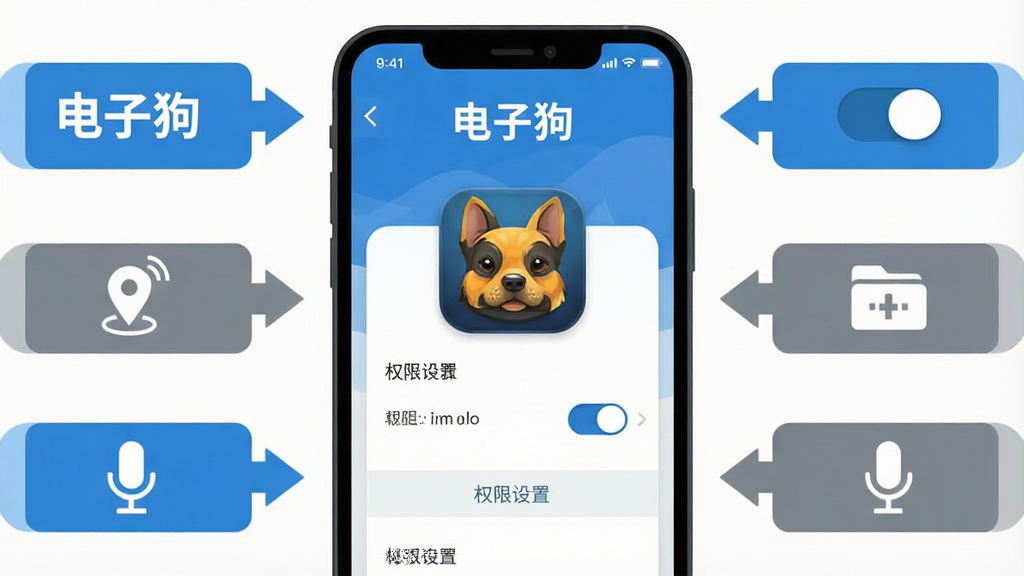 电子狗安卓手机安装设置步骤示意图,主体为手机屏幕显示权限设置页面与电子狗图标,布局为手机居中、四周为设置选项箭头指引,排版为纵向步骤展示,风格为扁平化教程风,细节包括权限开关按钮、定位图标、存储图标、麦克风图标,画质为高清、干净无多余元素,画面中文字标注“电子狗”与“权限设置”,整体色调以蓝白灰为主,清晰易懂
